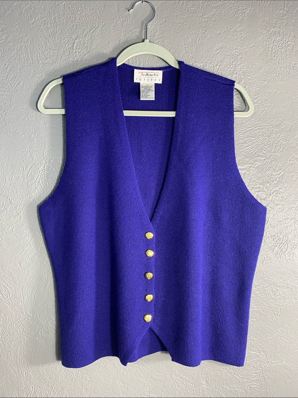 Talbots Petites Sweater Vest Womens PL Purple Wool Blend Gold Button V Neck